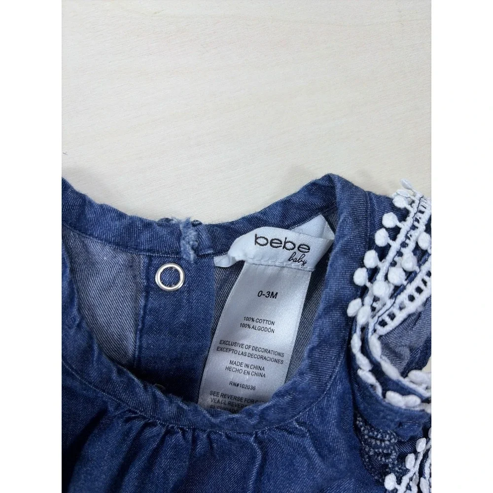 Bebe‎ Baby Denim Bubble Romper Dark Wash Rhinestone Logo Pom Pom Trim 0-3M